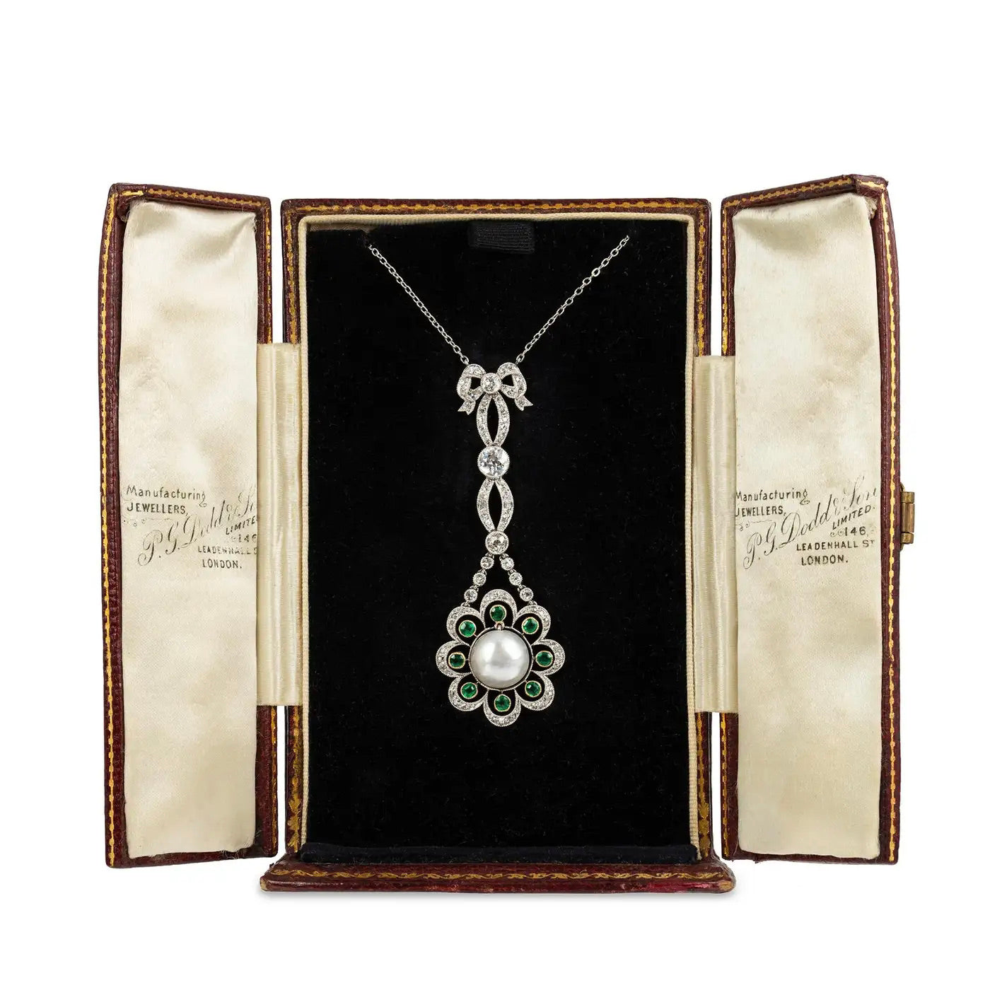 Colgante de Perla Natural Esmeralda y Diamante | Estilo Eduardiano |1910