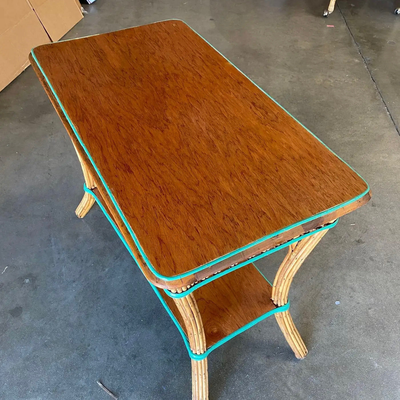 Consola de Ratán de Caña con Tapa de Caoba 1950s