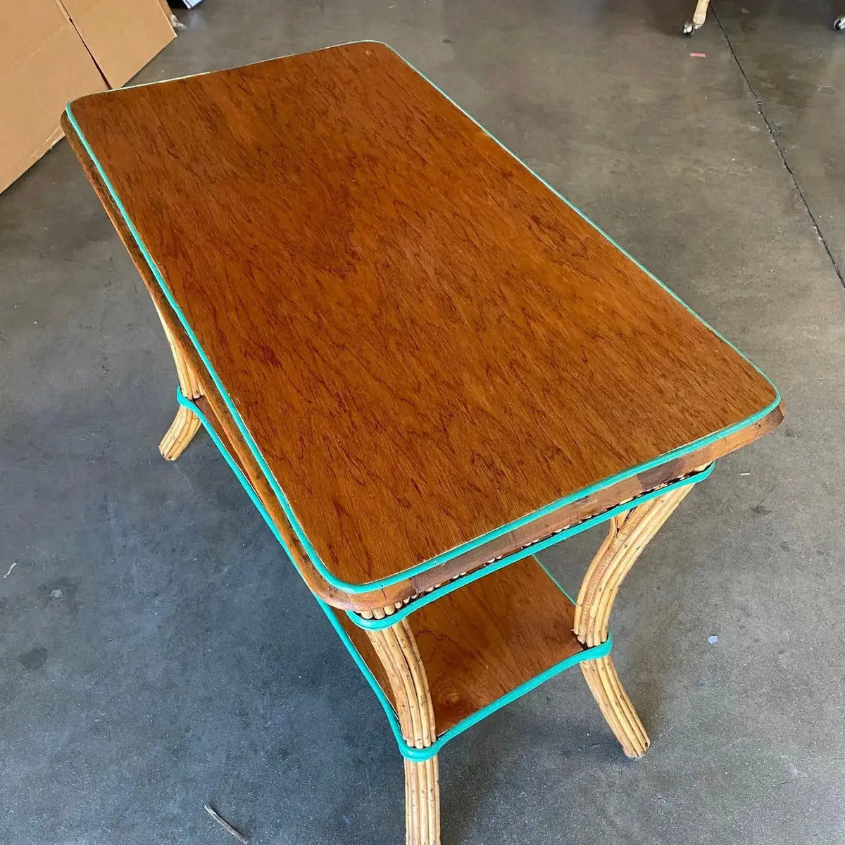 Consola de Ratán de Caña con Tapa de Caoba 1950s