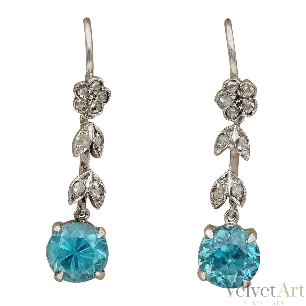 Pendientes Art Déco de Diamantes, Platino y Circonita Azul de 1910