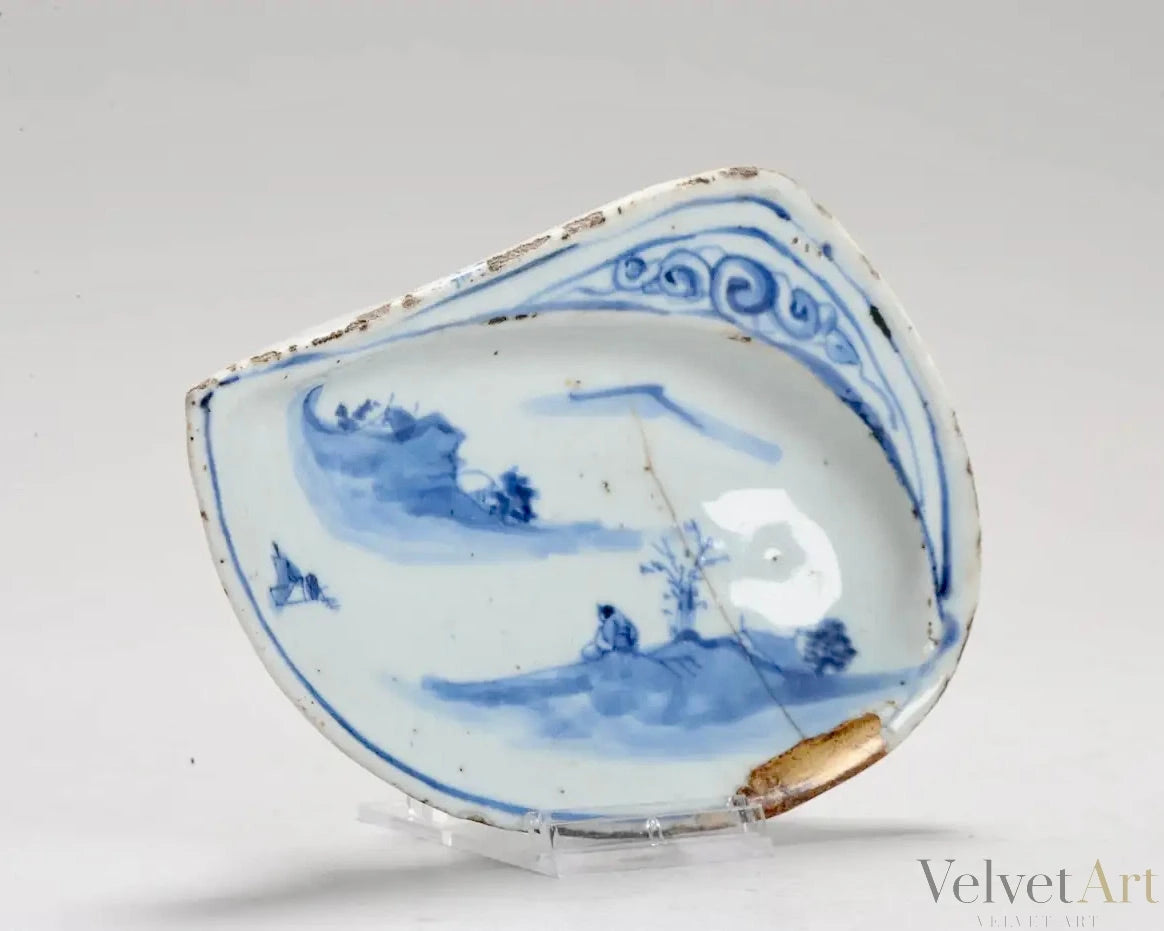 Plato Chino Kosometsuke de Porcelana Azul Bajo Vidriado | Literato en Paisaje | Periodo Ming, Siglo XVII