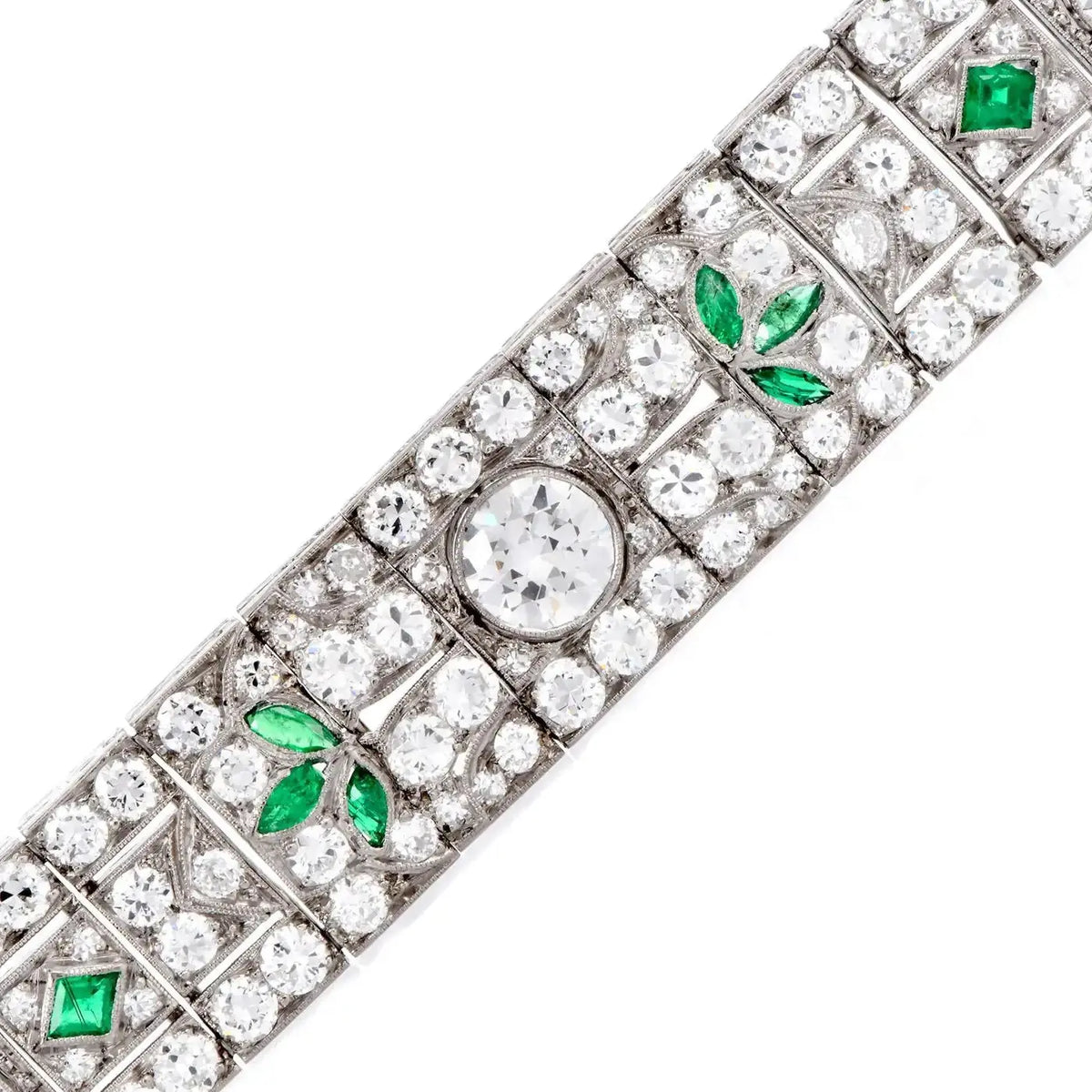 Pulsera Estilo Art Deco | Diamantes y Esmeraldas | Francia, 1920