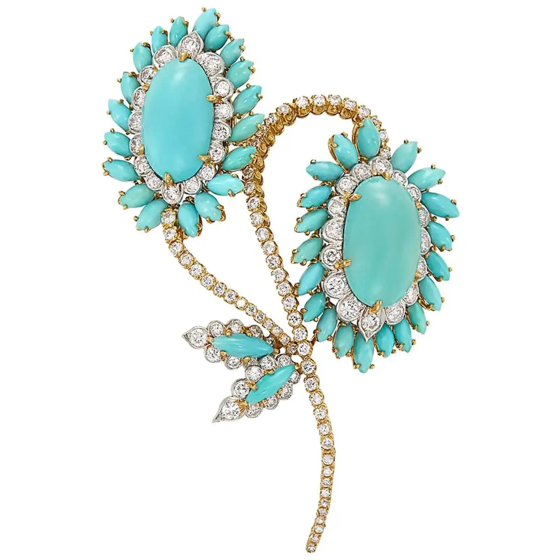 Broche Flor de Oro con Diamantes y Turquesas David Webb