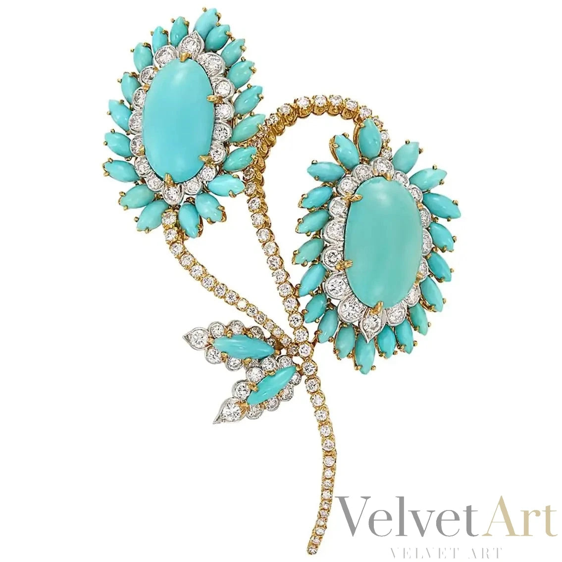 Broche Flor de Oro con Diamantes y Turquesas David Webb