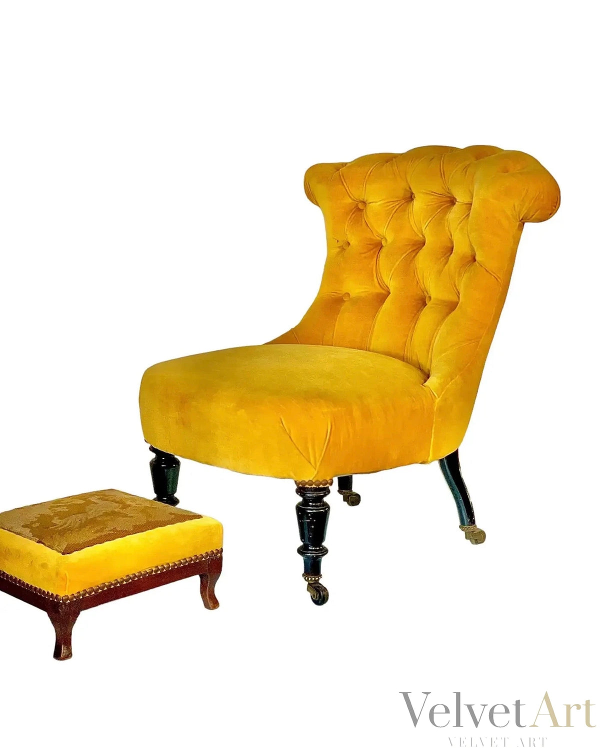 Silla de Terciopelo Amarillo con Escabel, Francia, 1860 – vista 5 de 6