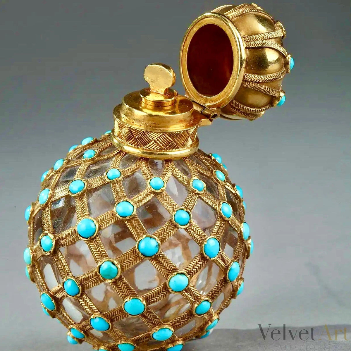Antiguo Frasco de Perfume con Malla de Oro y Perlas Turquesa Estilo Imperio – vista 4 de 6