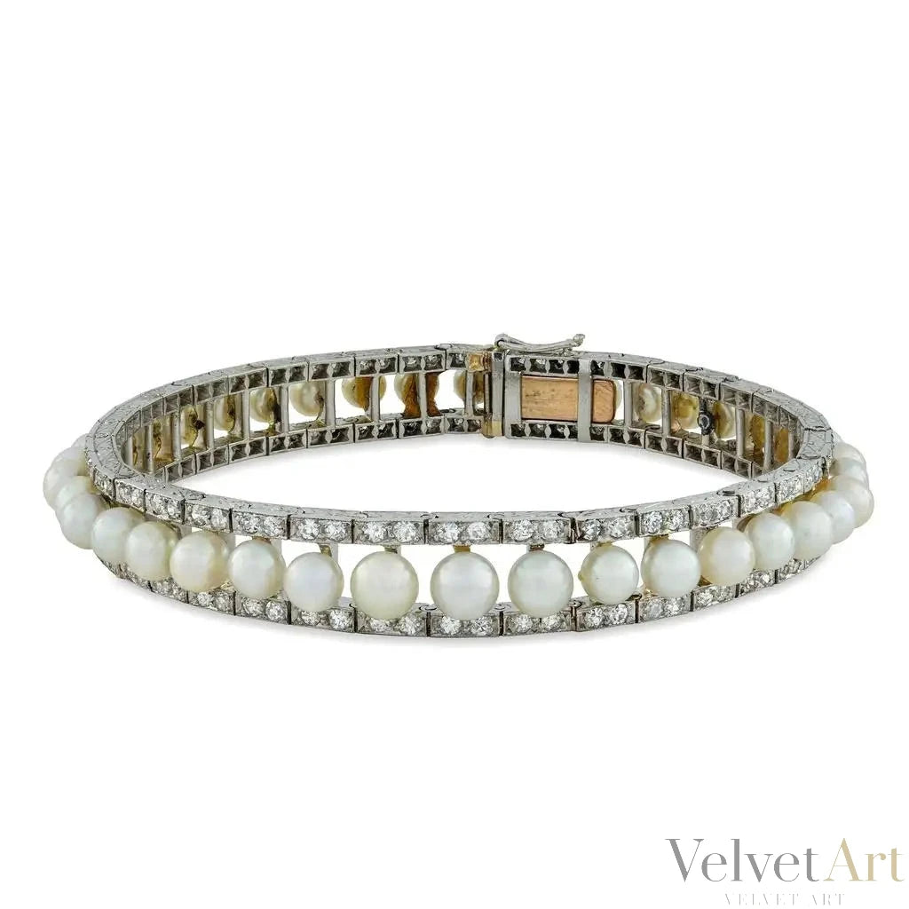 Pulsera Eduardiana de Diamantes y Perlas Naturales | Inglaterra, 1910