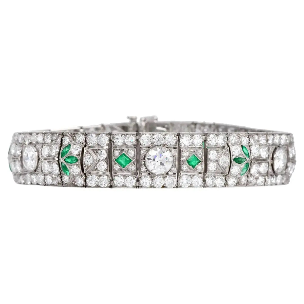 Pulsera Estilo Art Deco | Diamantes y Esmeraldas | Francia, 1920