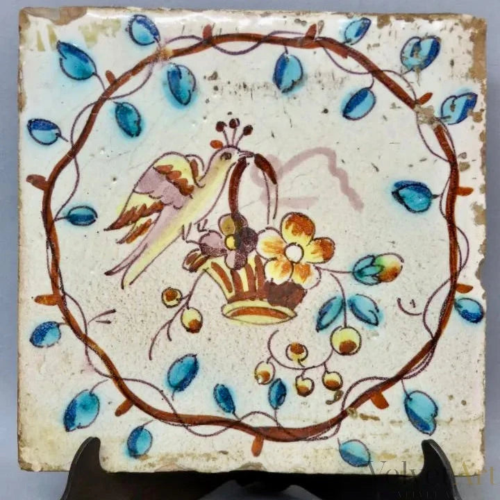 Azulejo de Manises con Ave y Flores | Valencia, Siglo XVII