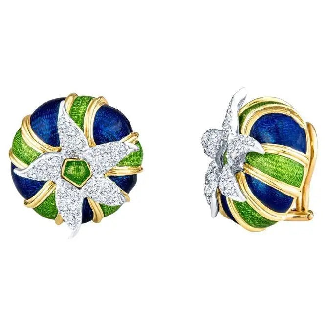Tiffany & Co. Pendientes Schumberger de Esmalte y Diamantes Francia 1980