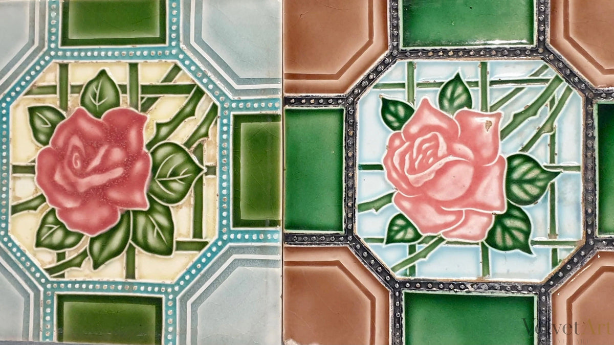 4 azulejos de diseño floral antiguos Majolica – vista 2 de 3