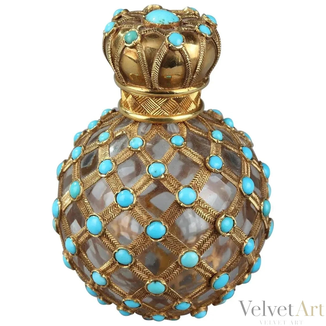 Antiguo Frasco de Perfume con Malla de Oro y Perlas Turquesa Estilo Imperio