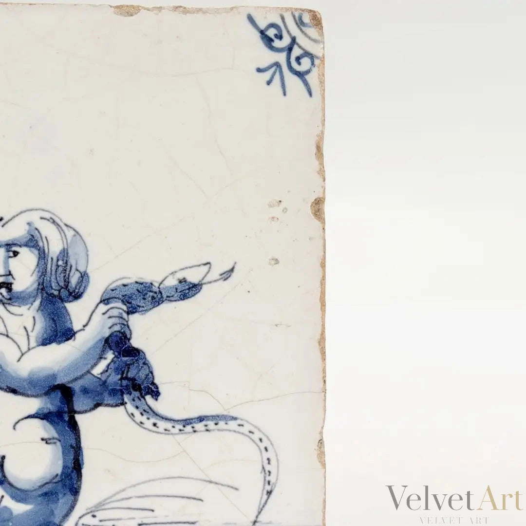 Sirena con Serpiente | Azulejo Holandés de Delft del Siglo XVIII