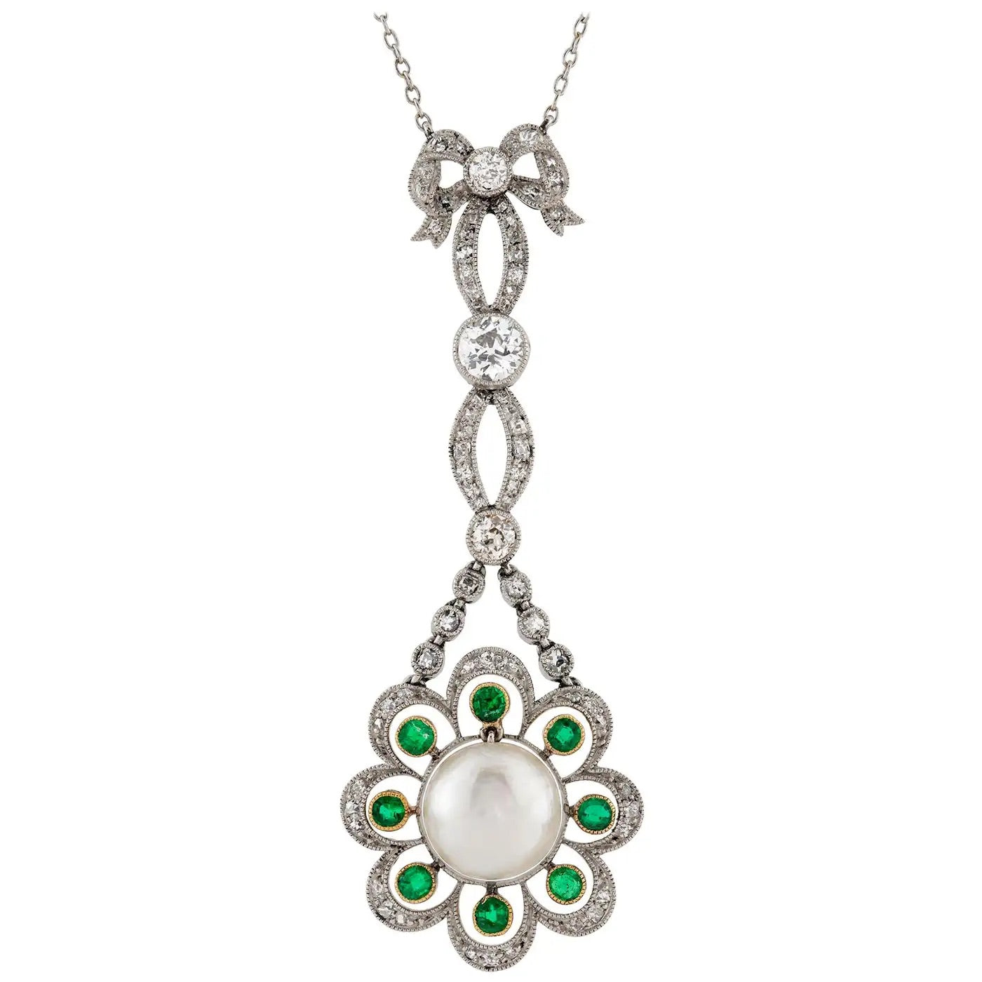 Colgante de Perla Natural Esmeralda y Diamante | Estilo Eduardiano |1910