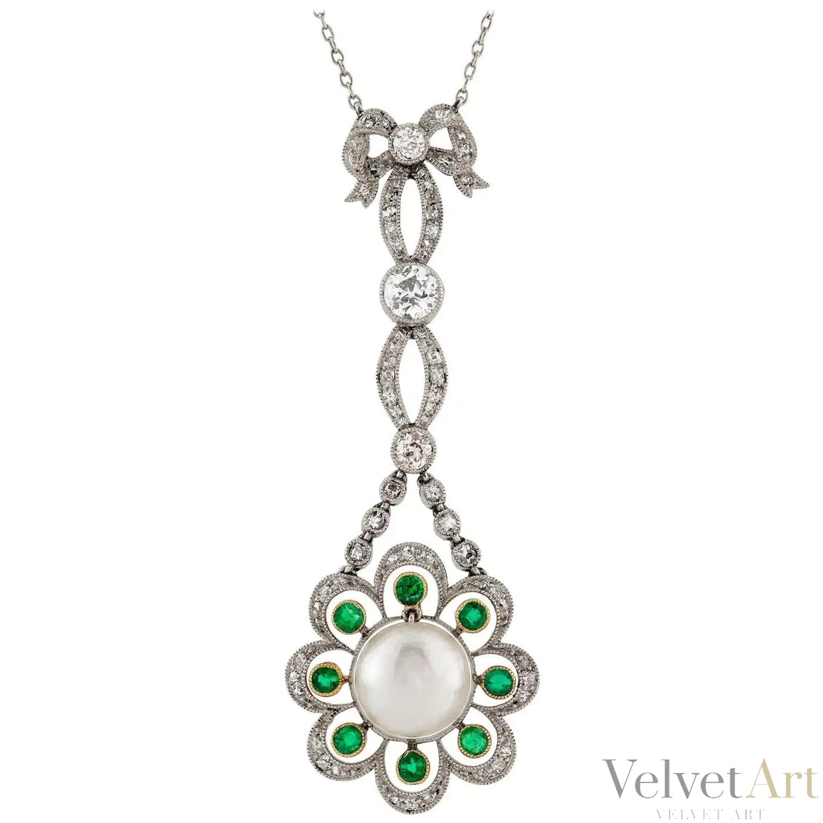 Colgante de Perla Natural Esmeralda y Diamante, Estilo Eduardiano, 1910