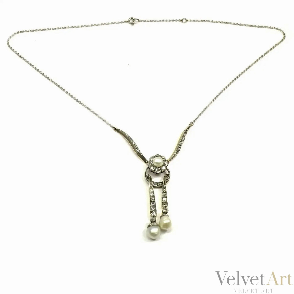 Collar Lavalier Eduardiano con Diamantes y Perlas Naturales de 1910