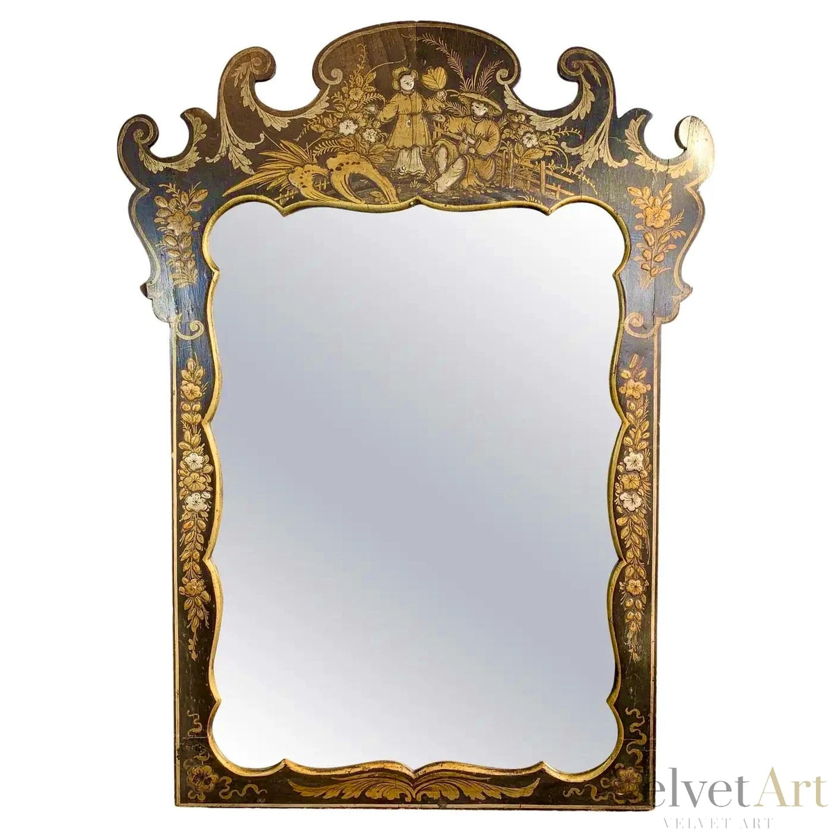 Espejo Francés Chinoiserie Lacado en Negro, Estilo Napoleón III, Siglo XIX