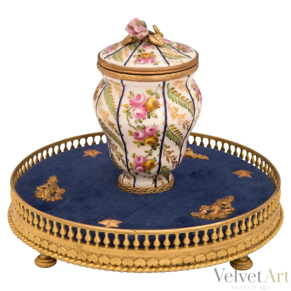 Tintero Francés de Porcelana de Sèvres y Ormolú, Siglo XIX, Estilo Luis XVI