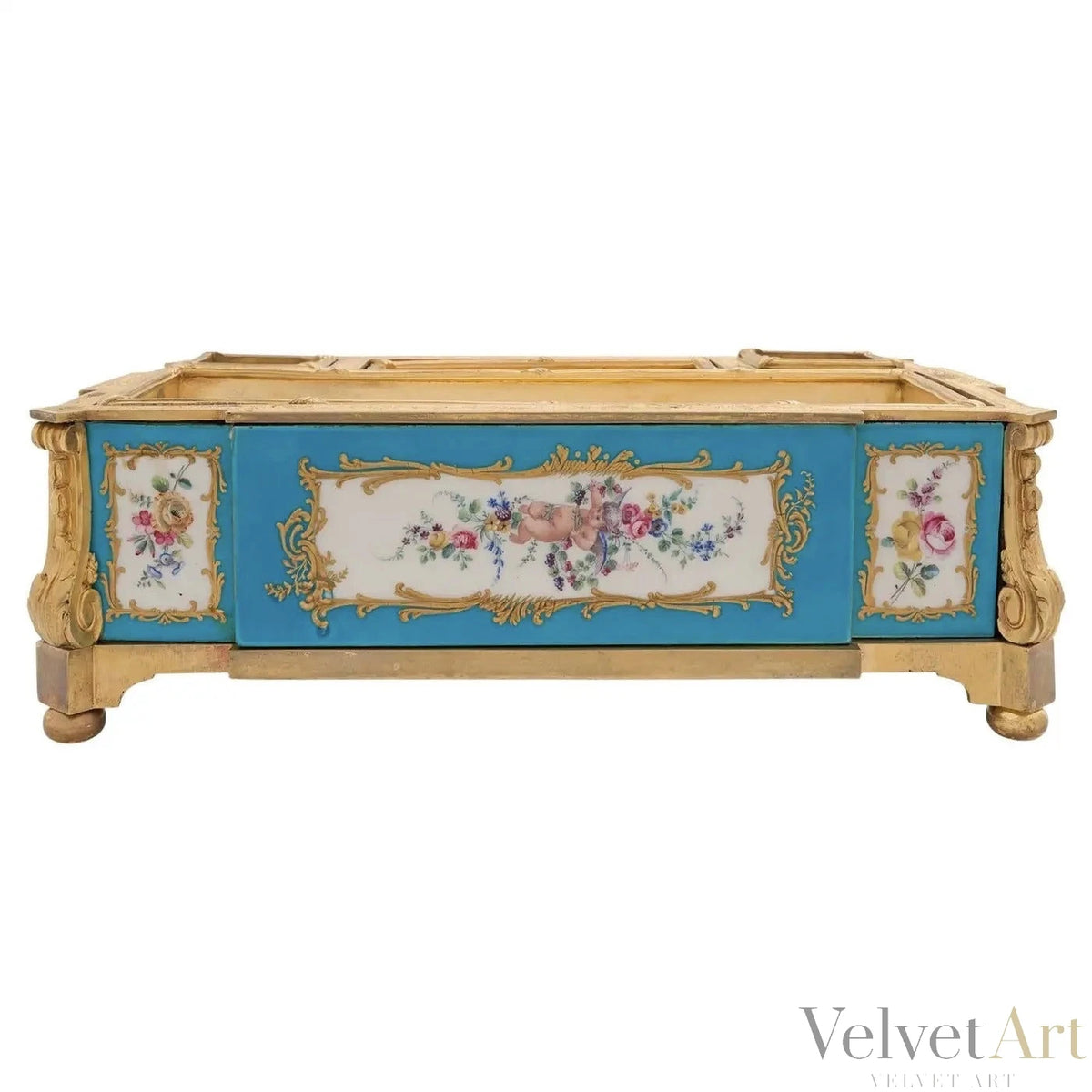 Tintero Francés Luis XVI del Siglo XIX en Porcelana de Sèvres y Ormolu Original
