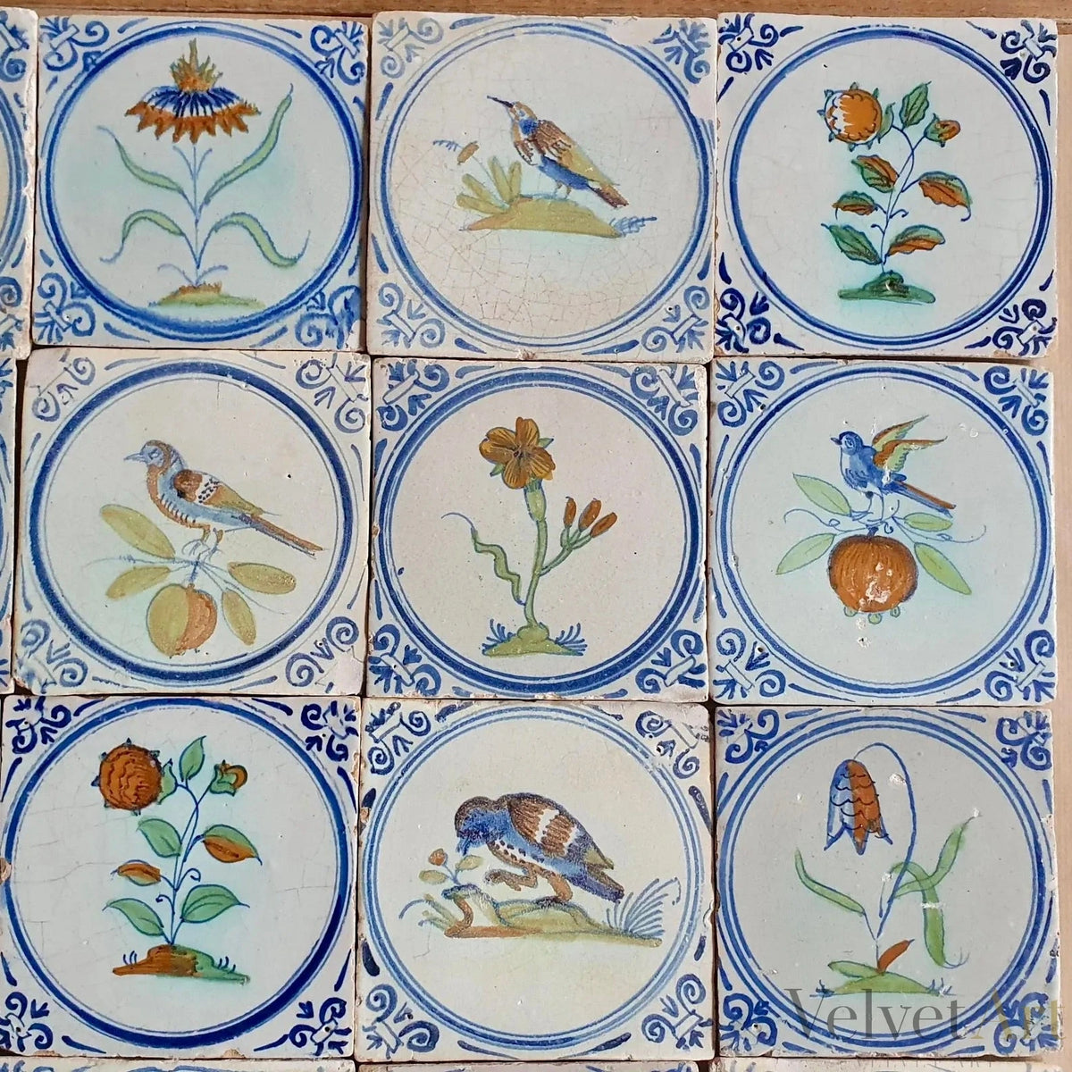 16 Azulejos Delft Holandeses Policromados, con Flores y Pájaros, Siglo XVIII-XIX – vista 3 de 6