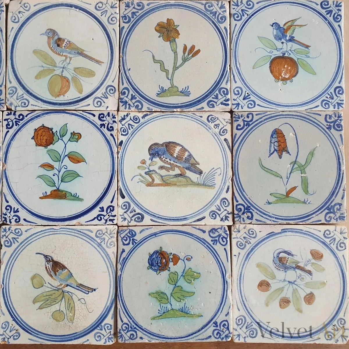 16 Azulejos Delft Holandeses Policromados, con Flores y Pájaros, Siglo XVIII-XIX – vista 5 de 6