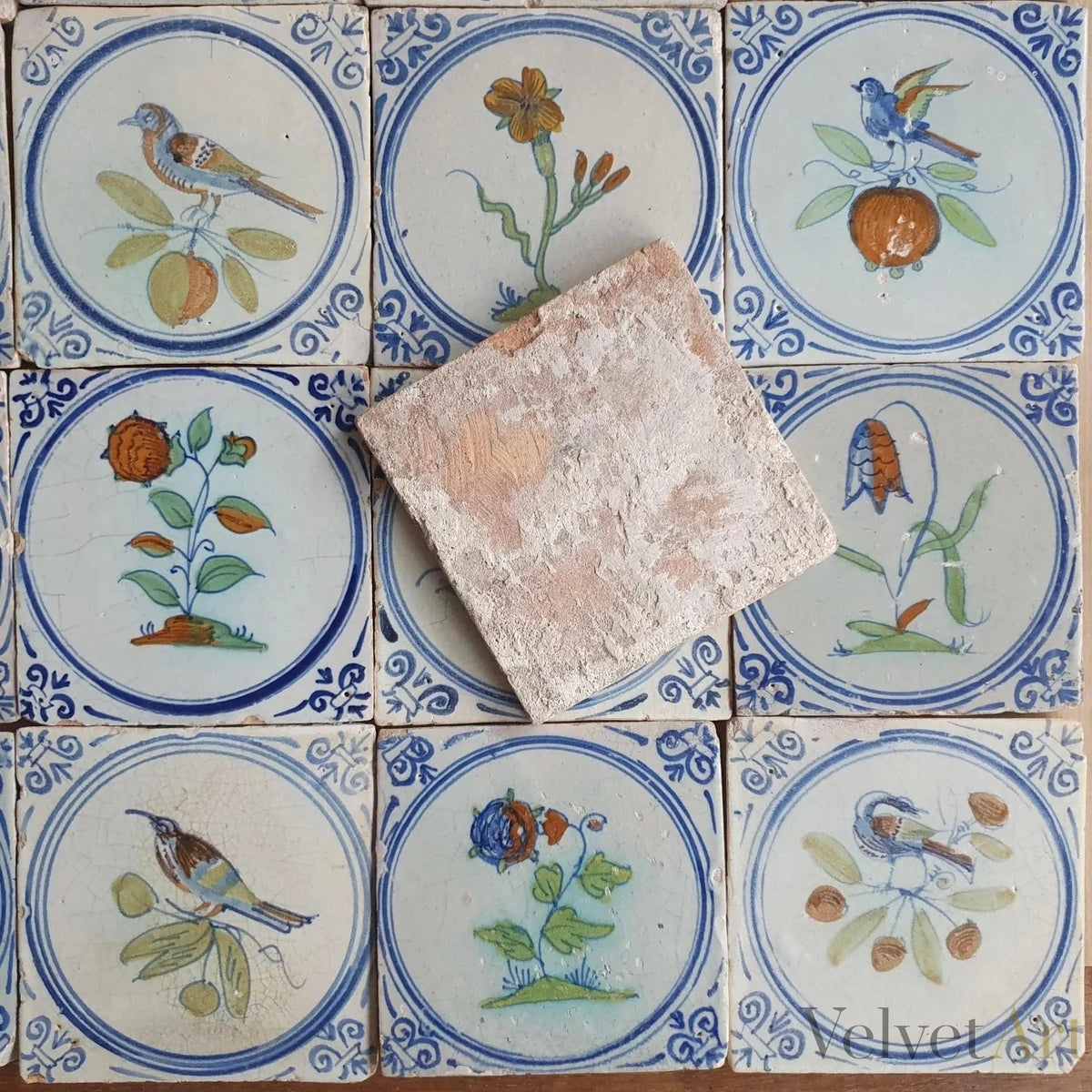 16 Azulejos Delft Holandeses Policromados, con Flores y Pájaros, Siglo XVIII-XIX – vista 6 de 6