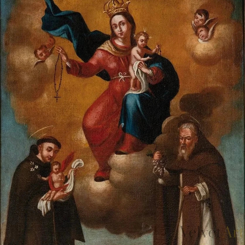 “Virgen del Rosario con San Antonio de Padua y San Antonio Abad” | Escuela Española, Siglo XVII