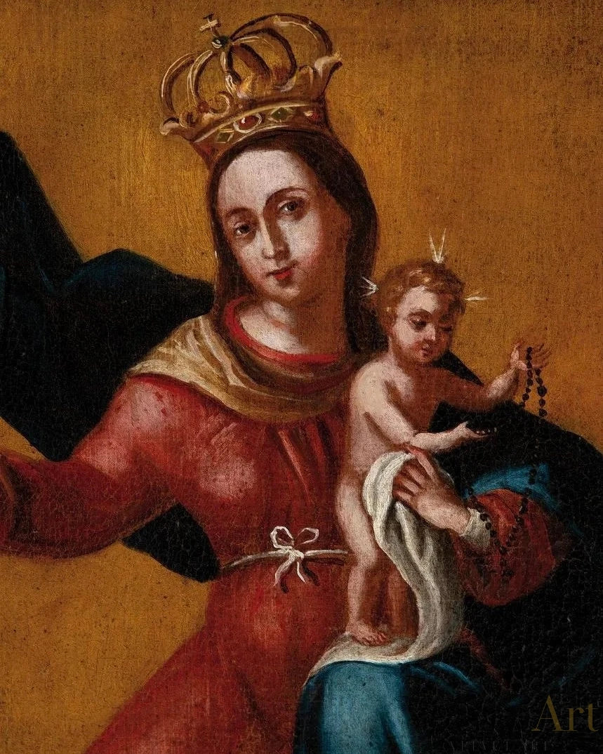 “Virgen del Rosario con San Antonio de Padua y San Antonio Abad” | Escuela Española, Siglo XVII