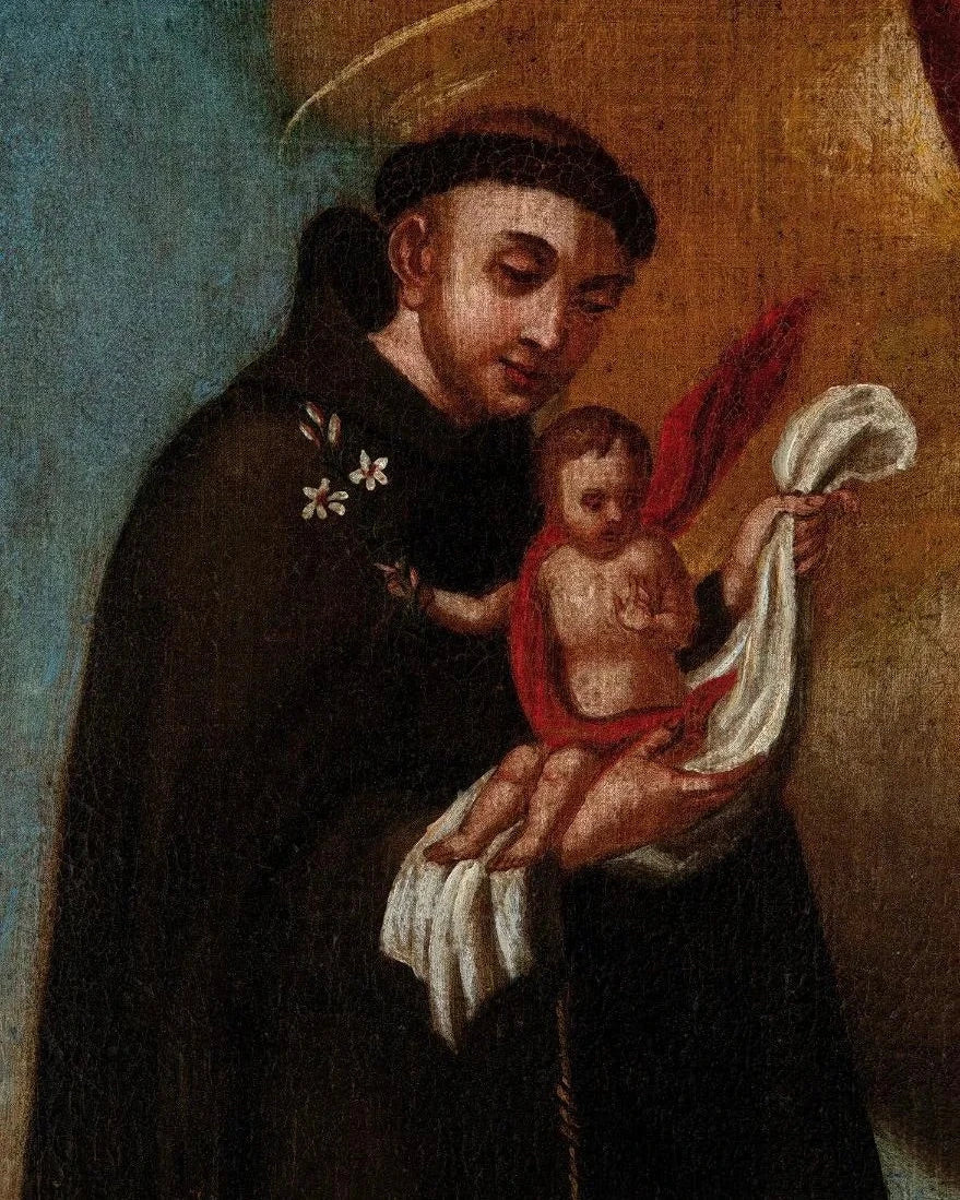 “Virgen del Rosario con San Antonio de Padua y San Antonio Abad” | Escuela Española, Siglo XVII