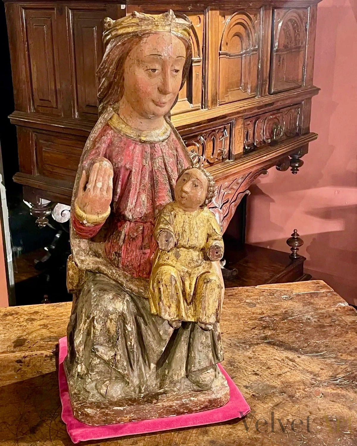 Escuela Castellana, Siglo XIV | "Virgen y Niño en Majestad" | Madera Policromada y Dorada