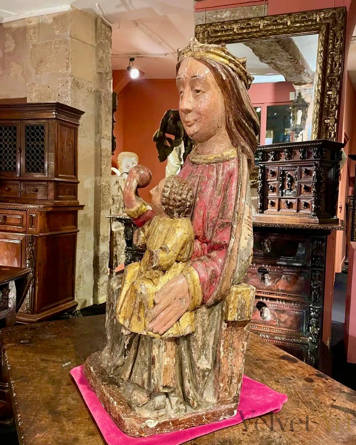 Escuela Castellana, Siglo XIV | "Virgen y Niño en Majestad" | Madera Policromada y Dorada
