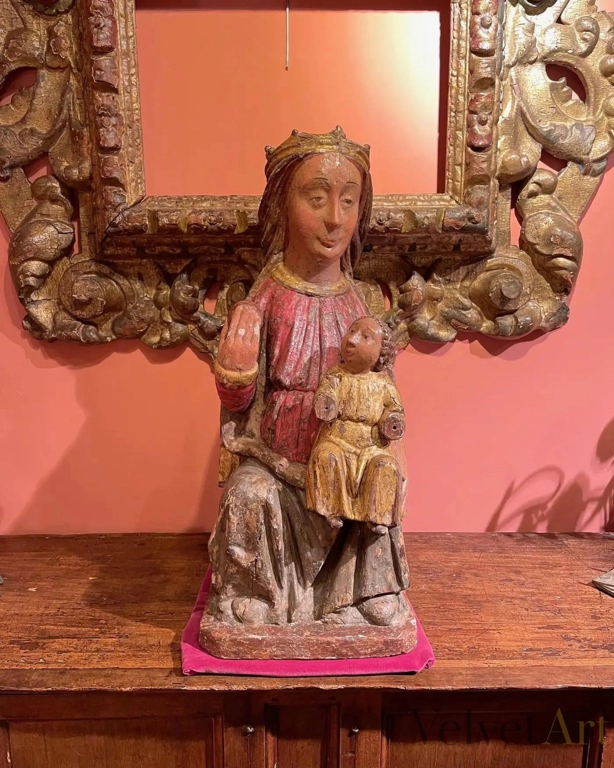 Escuela Castellana, Siglo XIV | "Virgen y Niño en Majestad" | Madera Policromada y Dorada