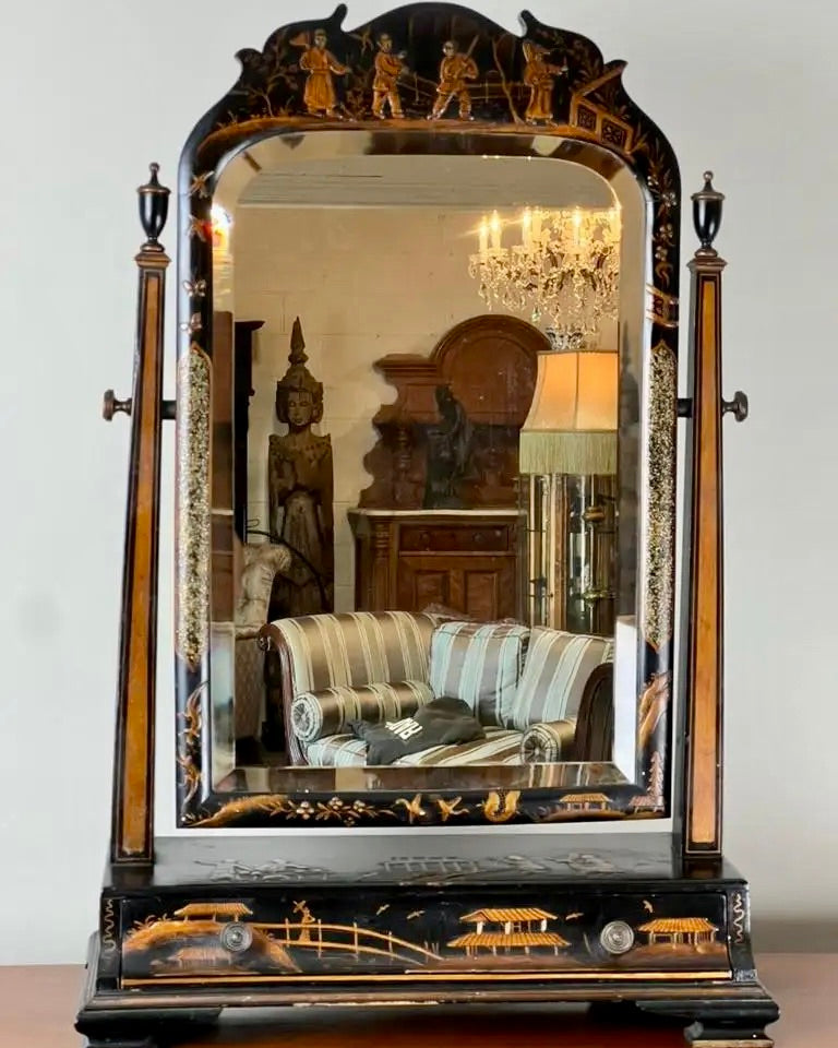 Espejo Vestidor Chinoiserie Lacado en Negro, Finales del Siglo XIX