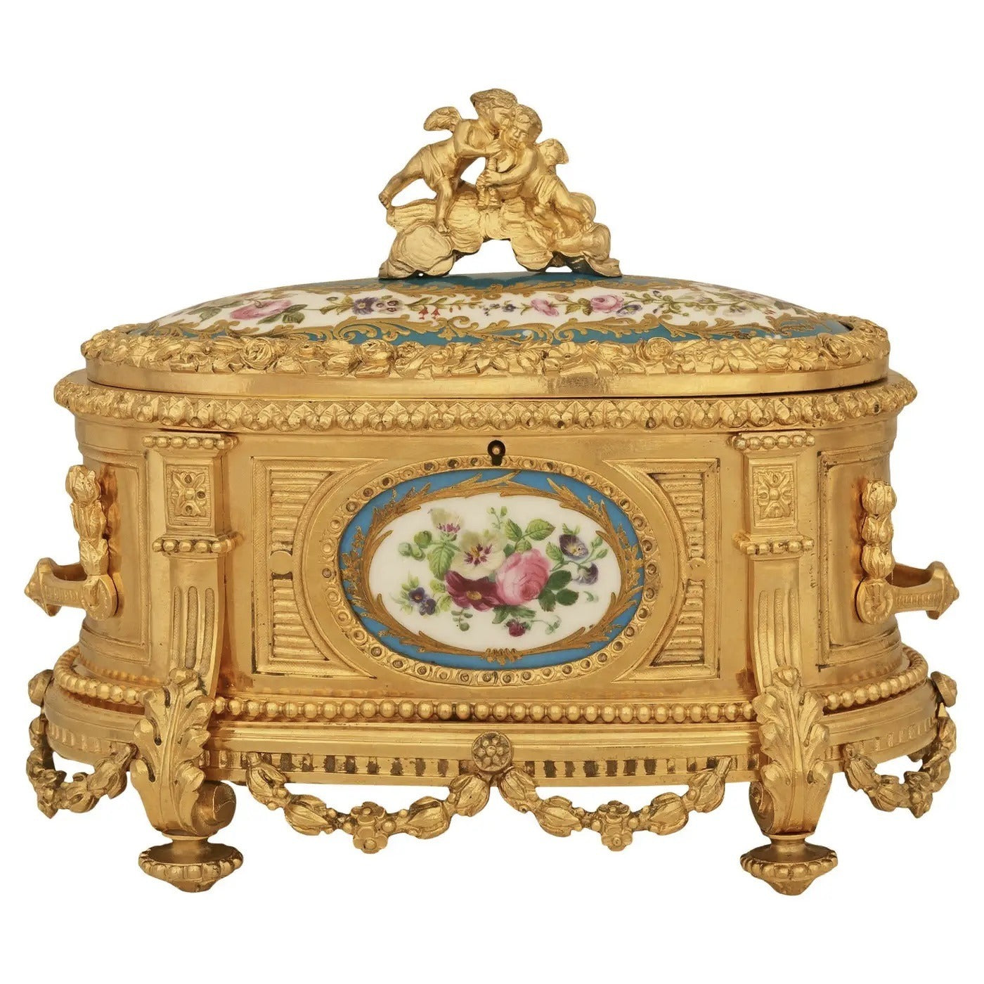 Caja joyero francesa de porcelana de Sèvres y ormolú, estilo Luis XVI, siglo XIX