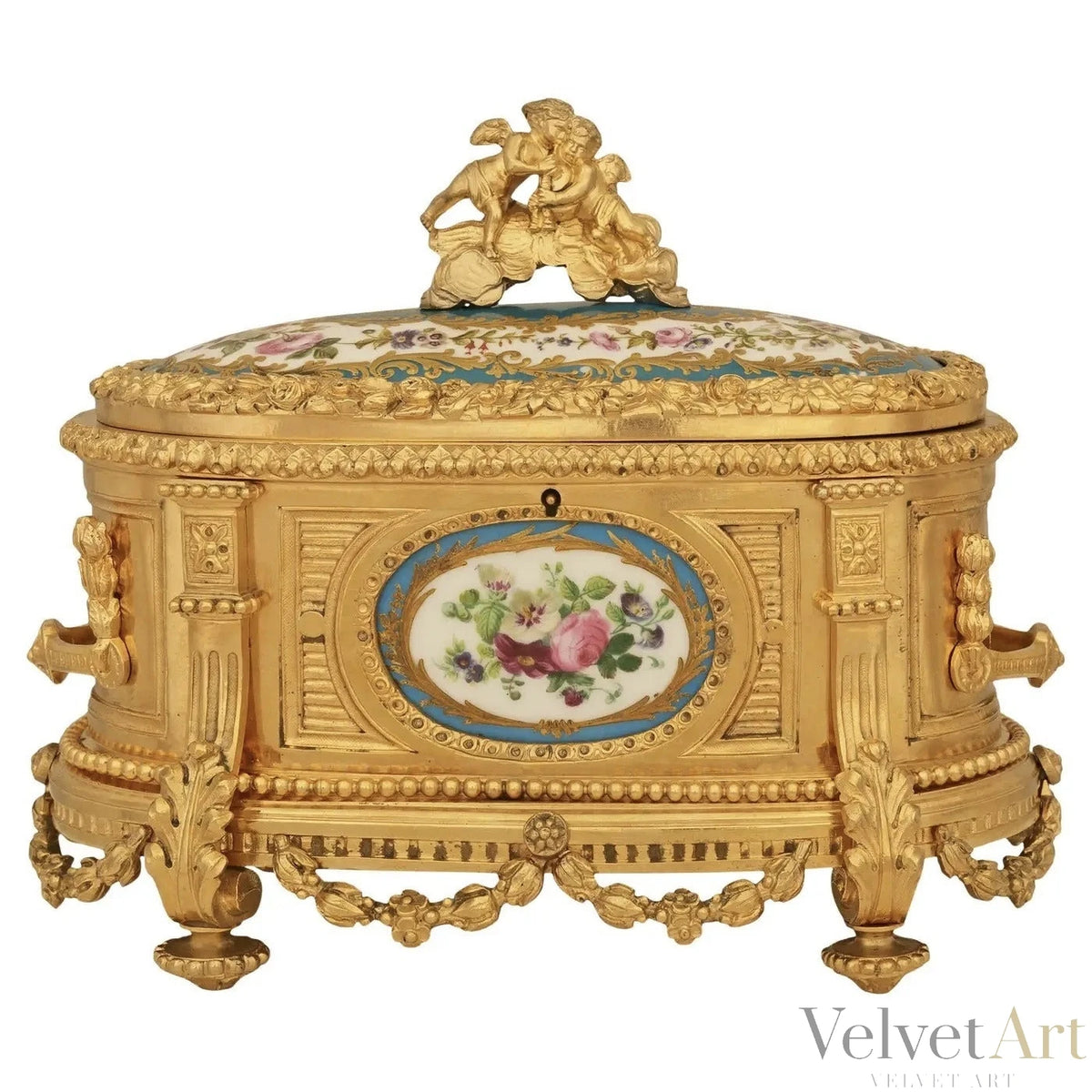Caja joyero francesa de porcelana de Sèvres y ormolú, estilo Luis XVI, siglo XIX