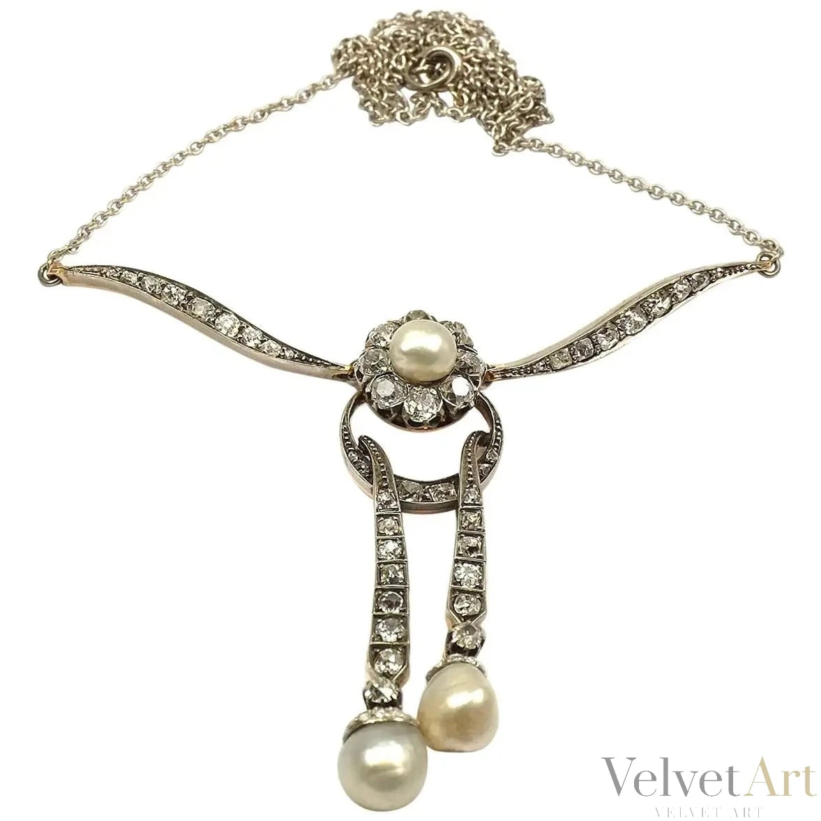 Collar Lavalier Eduardiano con Diamantes y Perlas Naturales de 1910