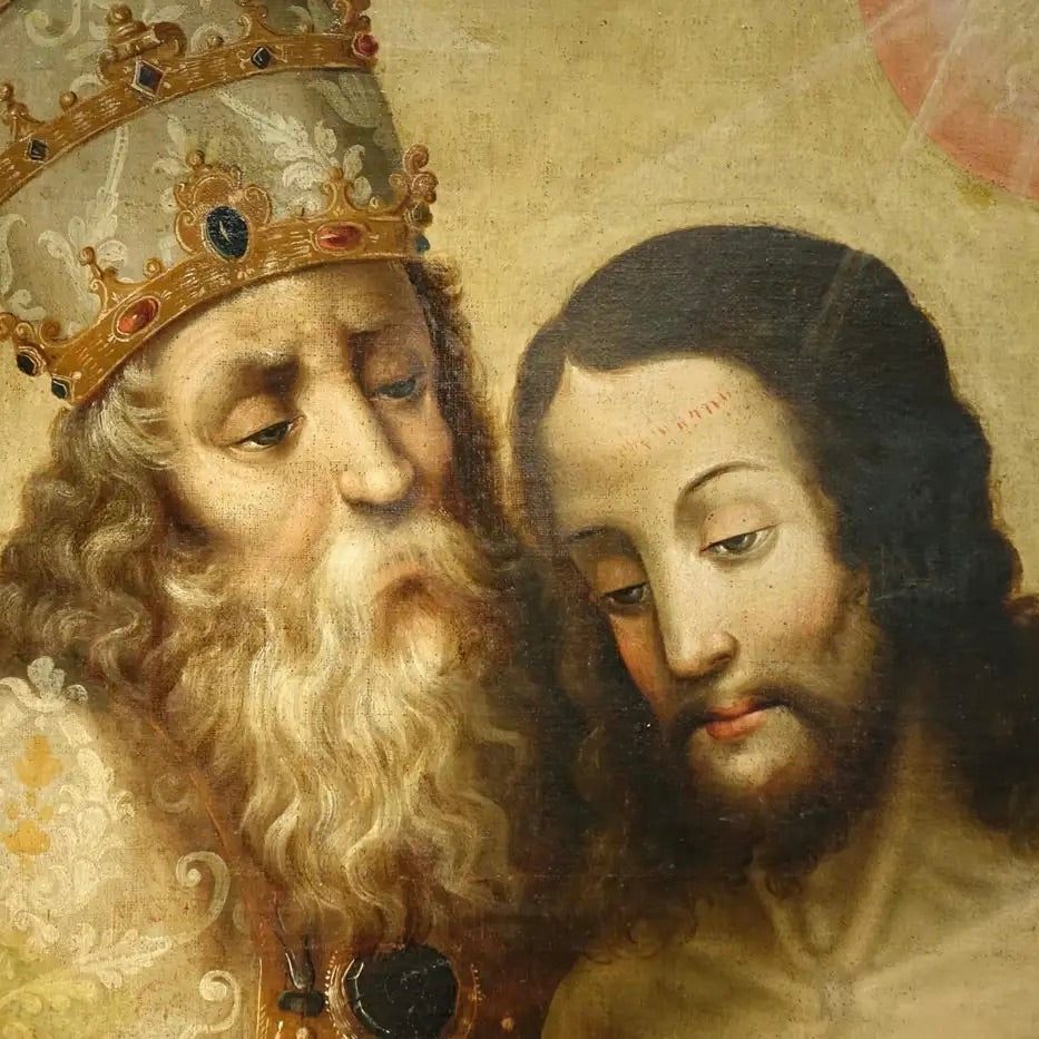 Óleo Barroco Español del Siglo XVII: La Santísima Trinidad como Trono de Gracia