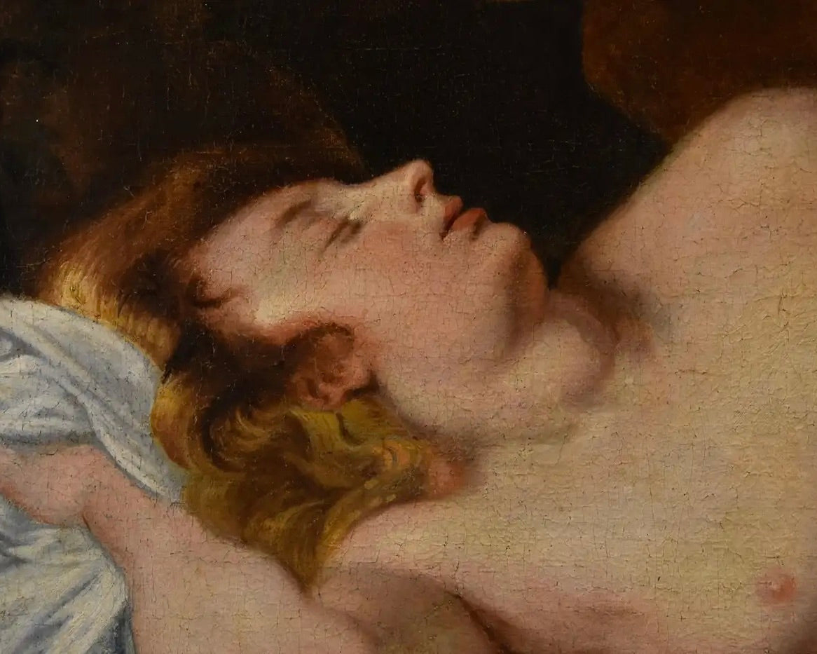 Círculo de Van Dyck: "Júpiter y Antíope" | Óleo Flamenco del Siglos XVII-XVIII