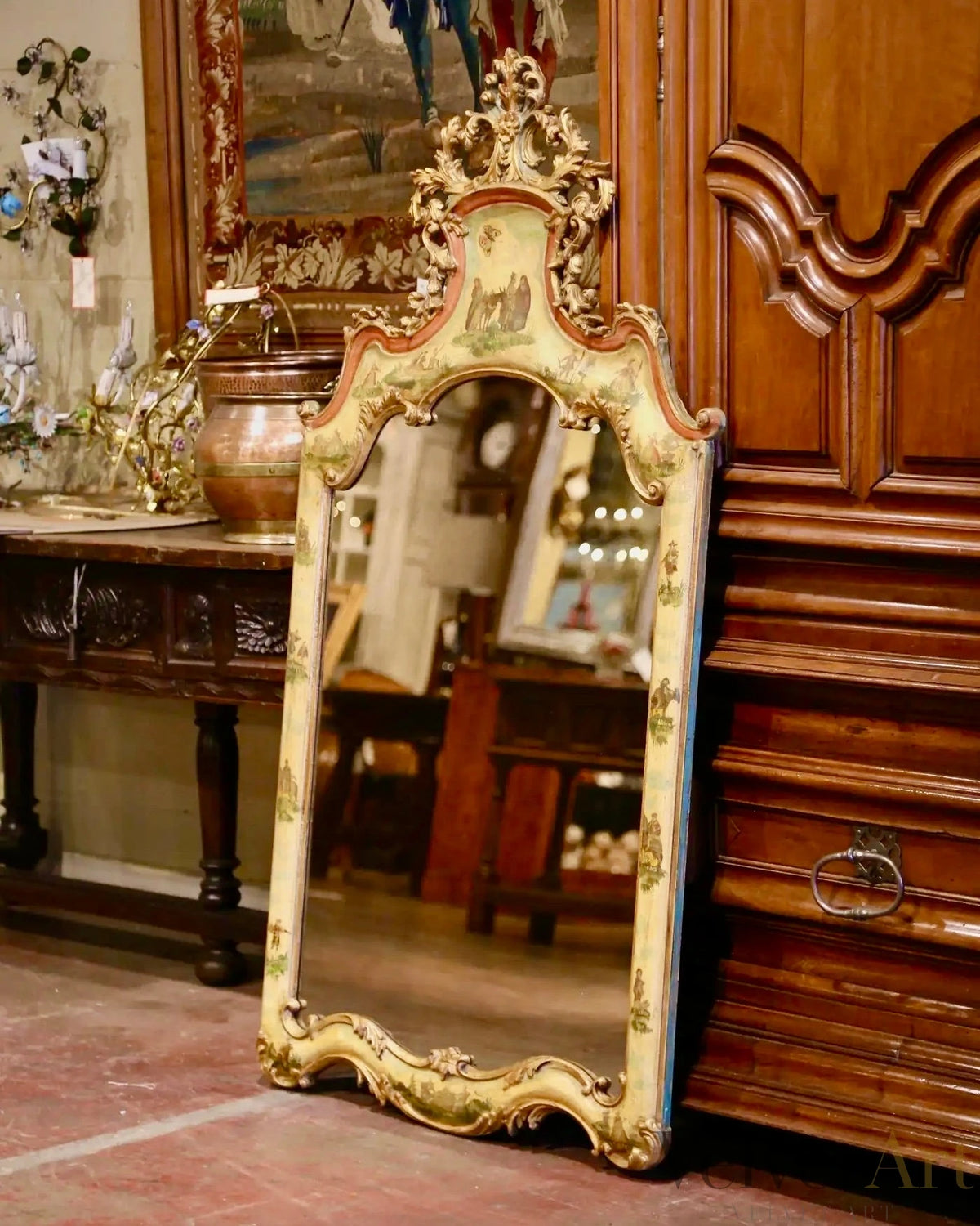 Espejo Italiano Rococó Pintado a Mano con Escenas Pastorales del Siglo XIX