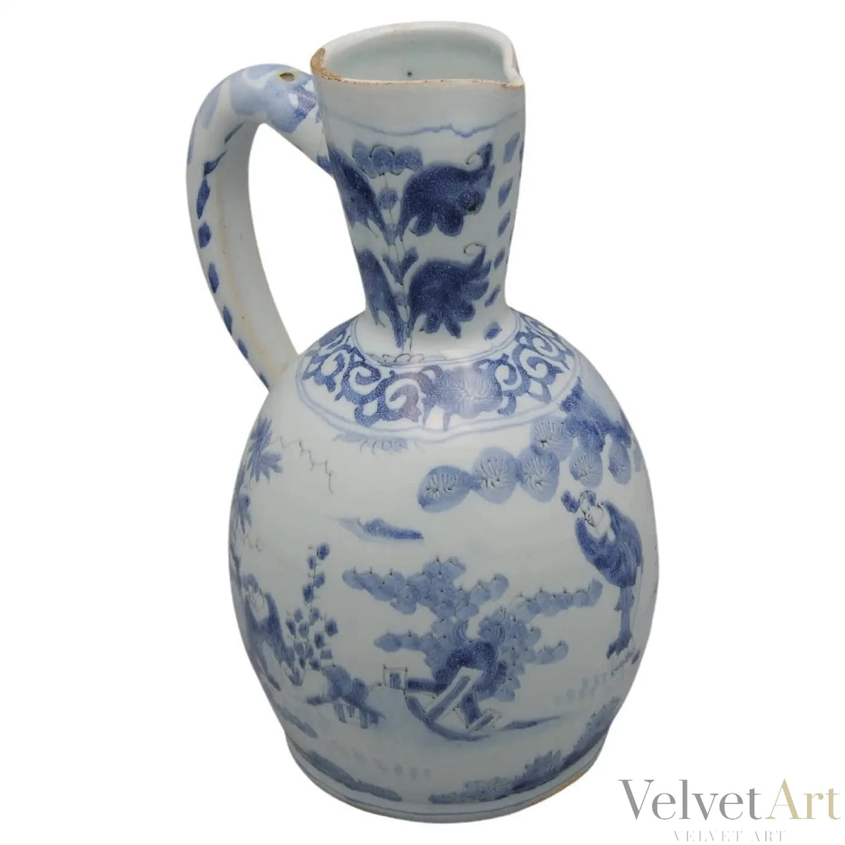 Jarro Vertedor Holandés de Delftware del Siglo XVII, Decoración Chinoiserie Estilo Wanli