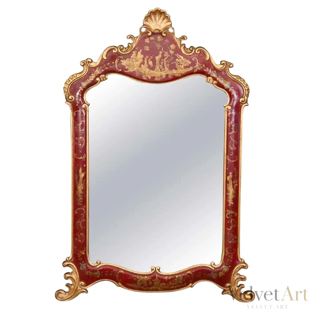 Espejo Rojo Chinoiserie Tallado en Dorado de 1950