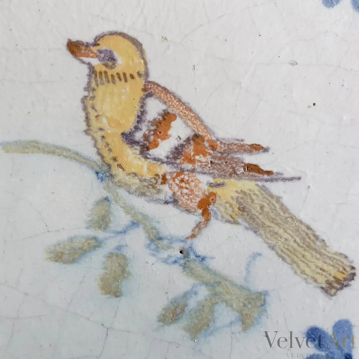 Azulejo Policromado Holandés del Siglo XVII, Pájaro, Esquinas Cabeza de Buey, Fechado en 1625 – vista 3 de 4