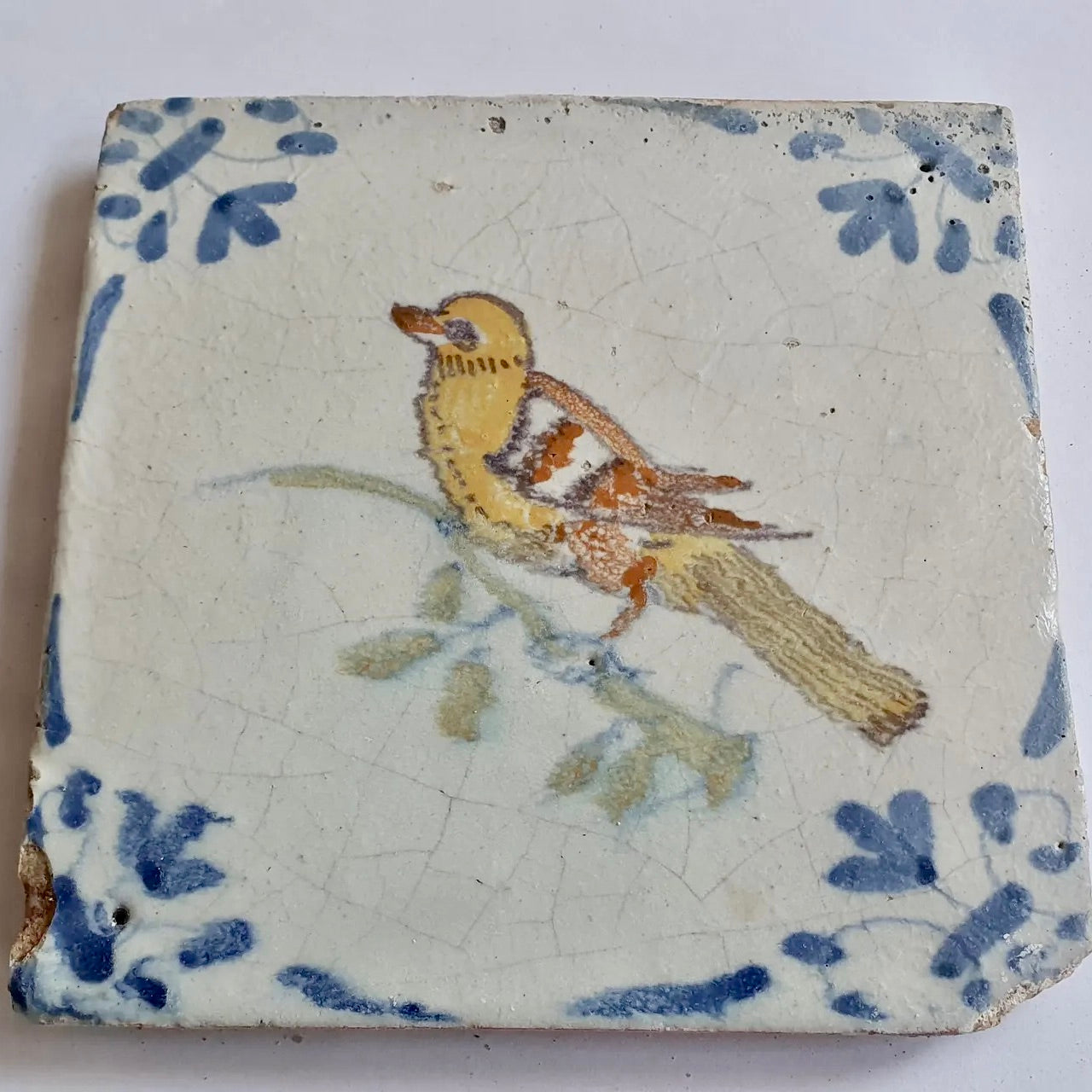 Azulejo Policromado Holandés del Siglo XVII | "Pájaro" | Esquinas Cabeza de Buey | Fechado en 1625