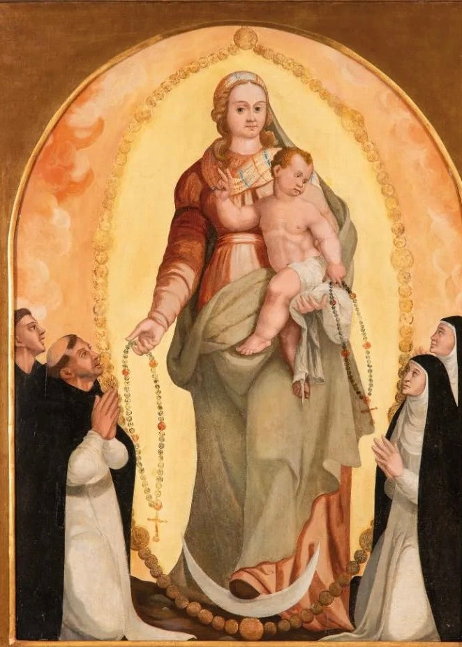 La Virgen del Rosario con Santo Domingo y Santa Catalina | Escuela Castellana, Siglo XVI