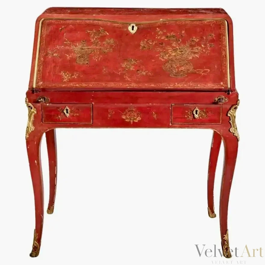 Escritorio francés Luis XV atribuido a Pierre Migeon con chinoiserie roja, 1740