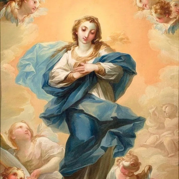 Pintura devocional española de una Inmaculada Concepción al óleo sobre lienzo