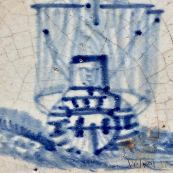 "Barco de la VOC: Amsterdam” | Azulejo de Delft con Escudo de Ámsterdam, Siglo XVII