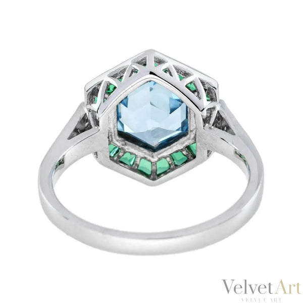 Anillo Hexágono Esmeralda y Aguamarina