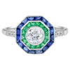 Anillo de Compromiso de Diamantes con Zafiro y Esmeralda