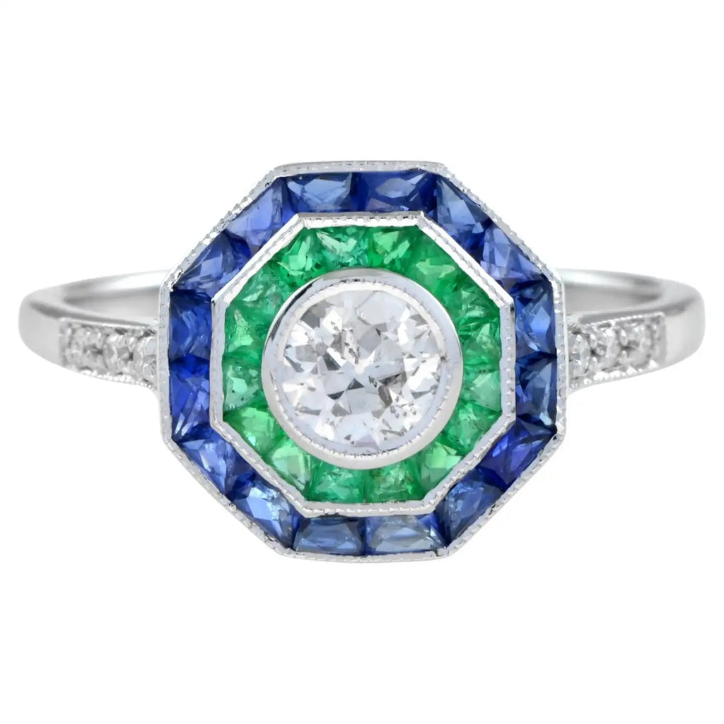 Anillo de Compromiso de Diamantes con Zafiro y Esmeralda